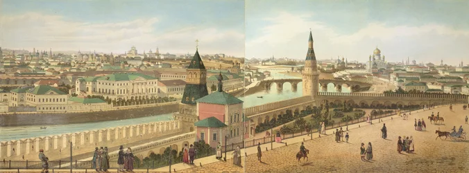 Blick flussabwärts vom Kreml, einschließlich der Kirche Unseres Erlösers, aus einem Panorama von Moskau, graviert von Philippe Benoist (1813-ca. 1905) und Aubrun, veröffentlicht von Lemercier, ca. 1840